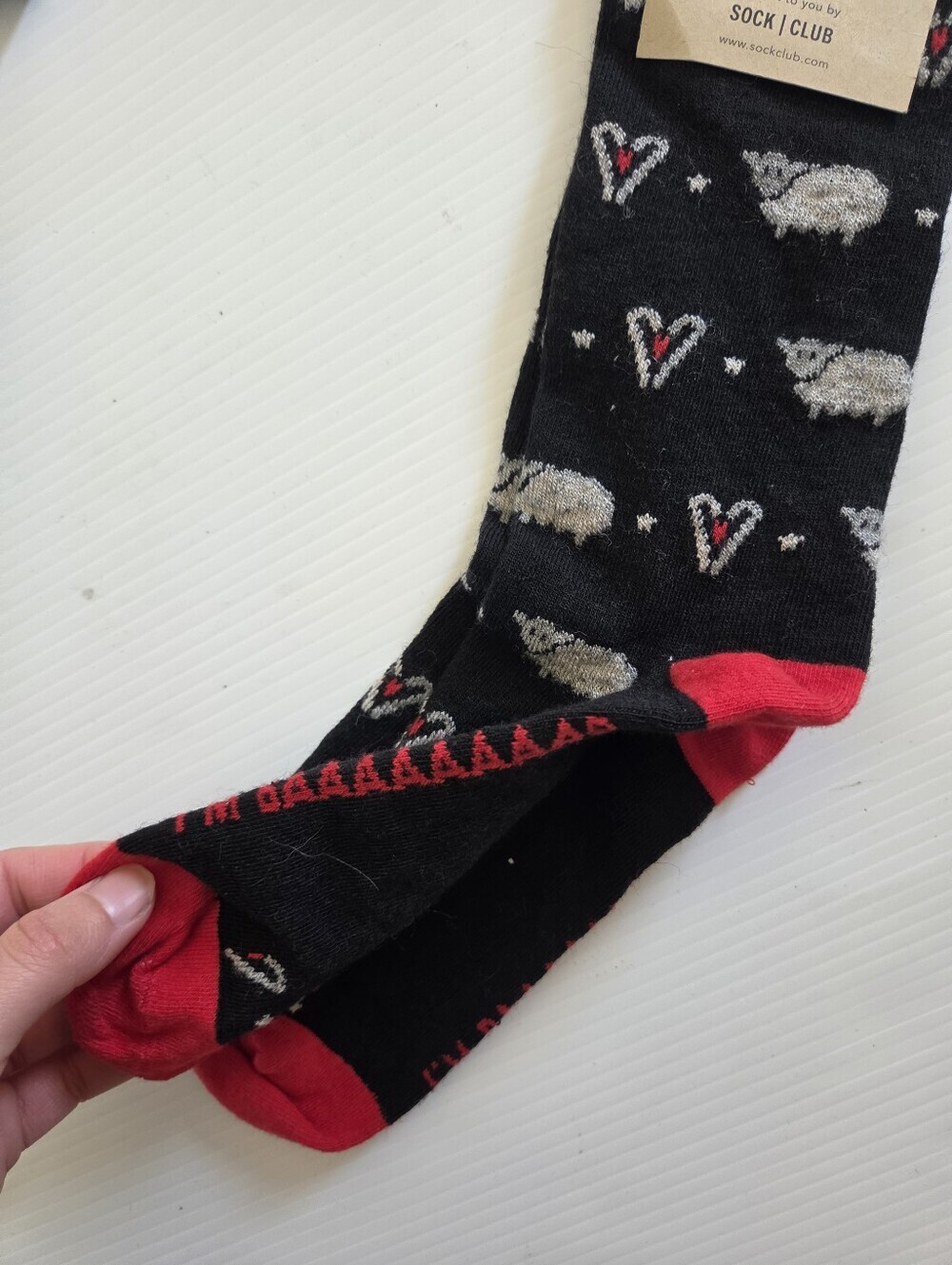 New Sock Club American Lamb Merino Wool Blend Socks, Black & Red Sheep Heart Pat - Picture 4 of 4